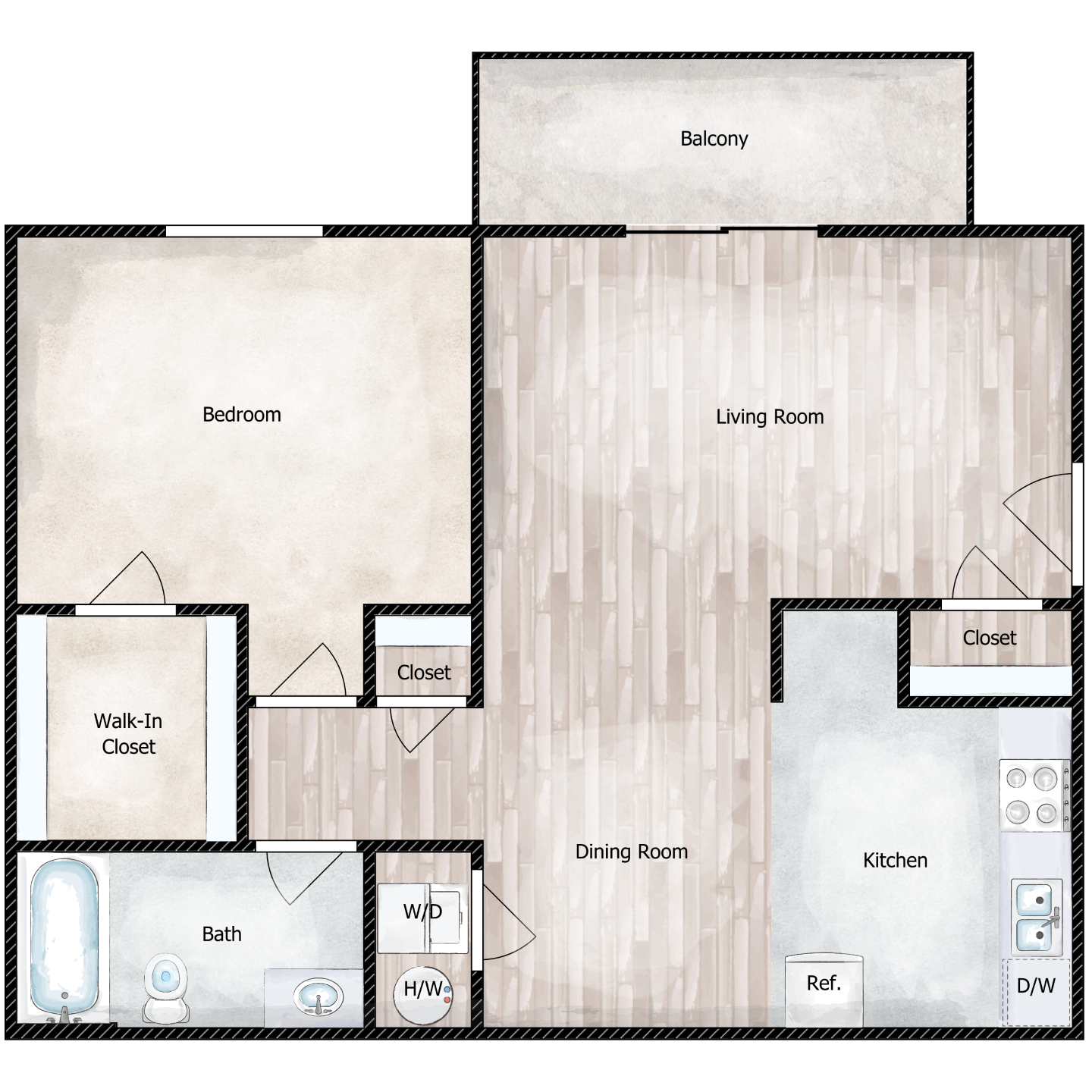 Floor plan for 1 bed, 1 bath, 672 sqft
